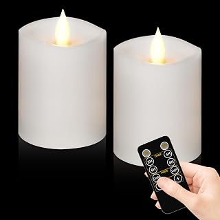 3"x4" Flickering Flameless Battery Candles with Timer, White Realistic LED Pillar Candles, Set of 2 Large Remote-Operated Candles for Home Indoor/Outdoor & Holiday Decor
