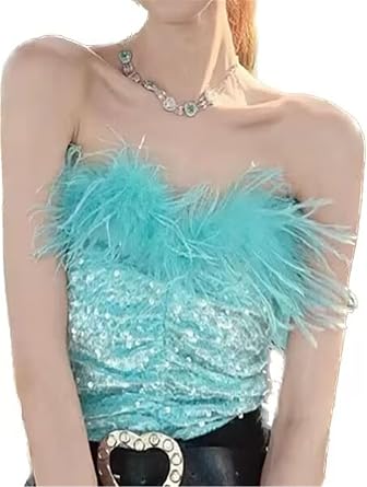 MU-02 Womans Ostrich Fluffy Glitter Top With Pleated Tube Sleeveless And Backless Feather Shirt Spicy Clothing