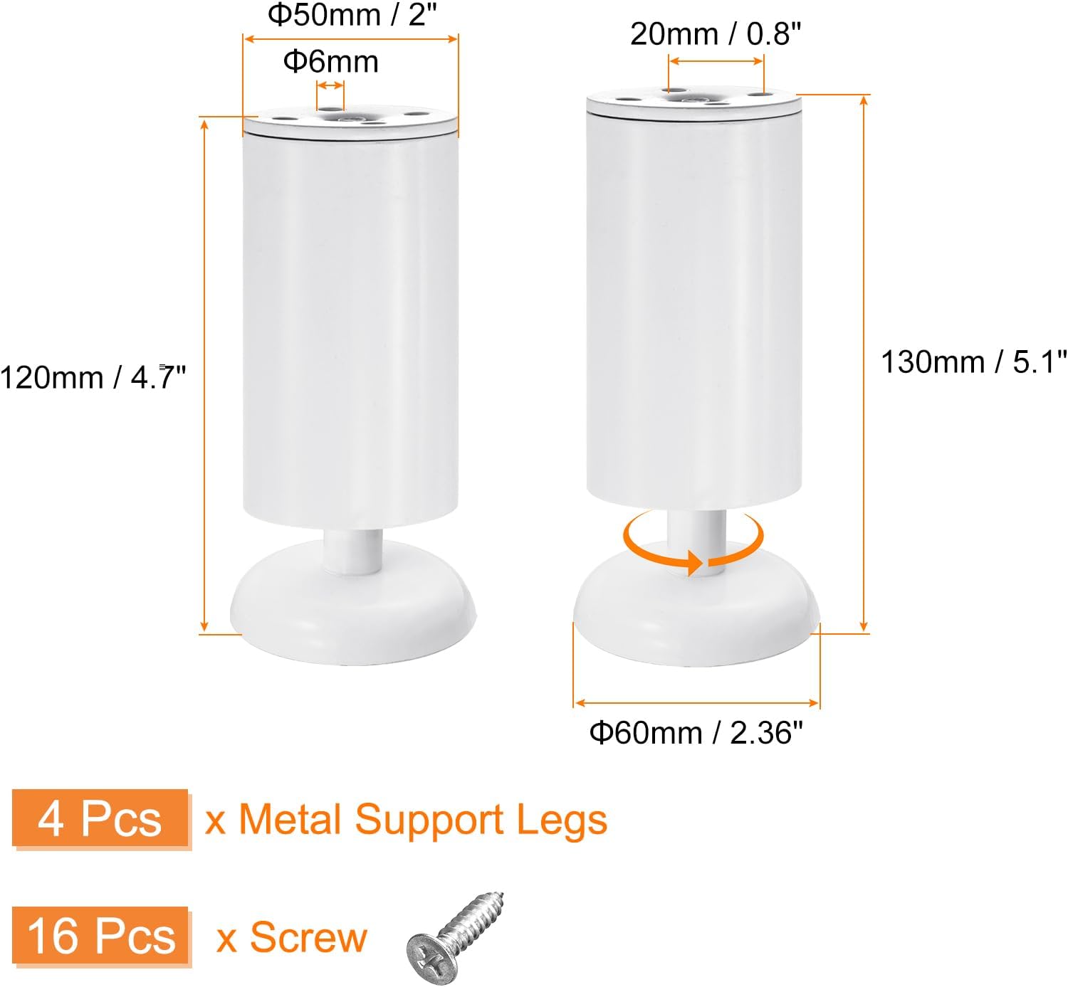 uxcell 4Pcs Metal Adjustable Furniture Legs, 120-130mm(4.7"-5.1") Cabinet Feet Support Replacement for Bed, Chair, Sofa, Table, Silver (W/Screws)