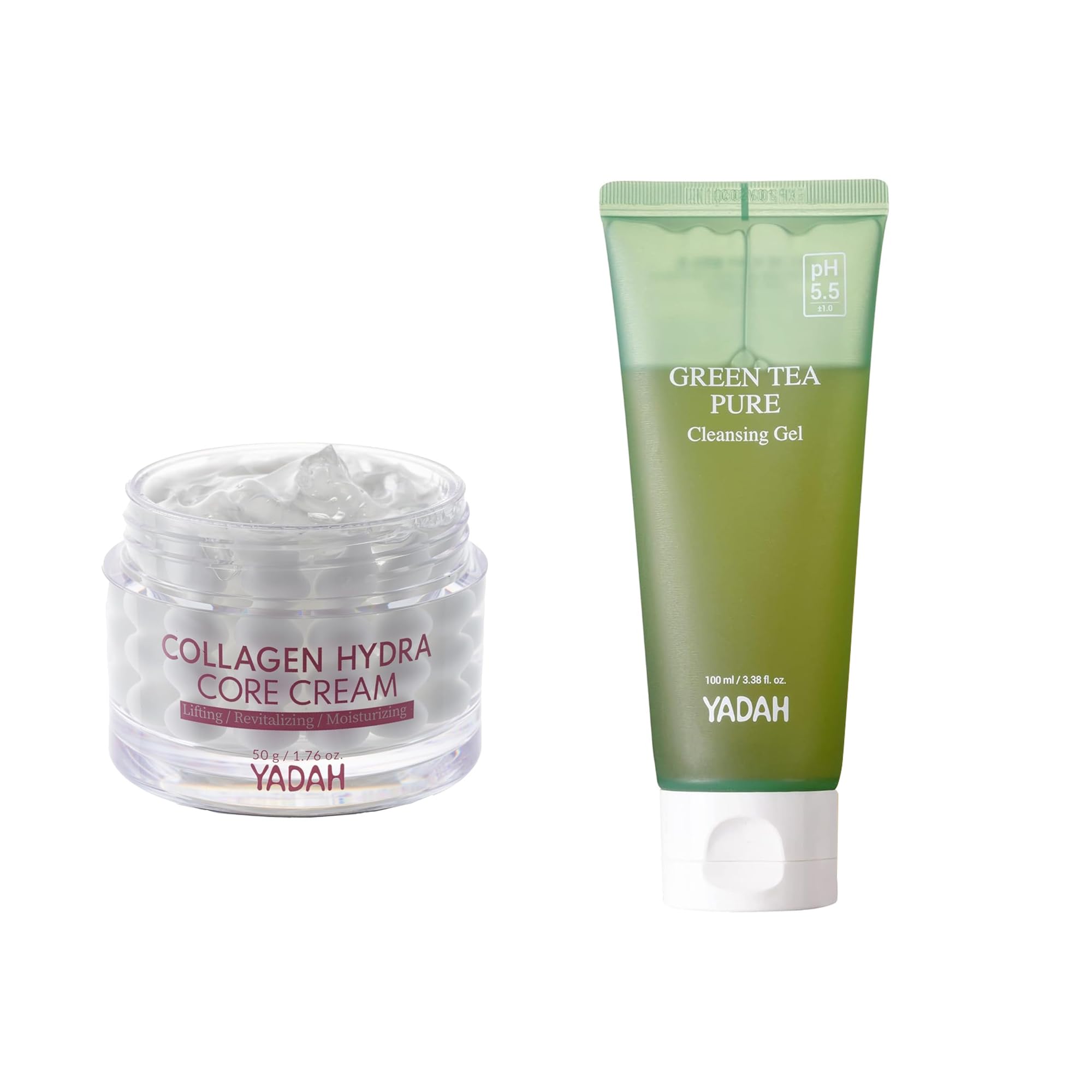 YADAH Collagen Hydra Core Cream (50g) & Green Tea Pure Cleansing Gel, 3.4 Fl Oz Hydration, wrinkle care, Firming care. Low Molecular collagen, Hyaluronic acid pH Balanced Foaming Gel Cleanser