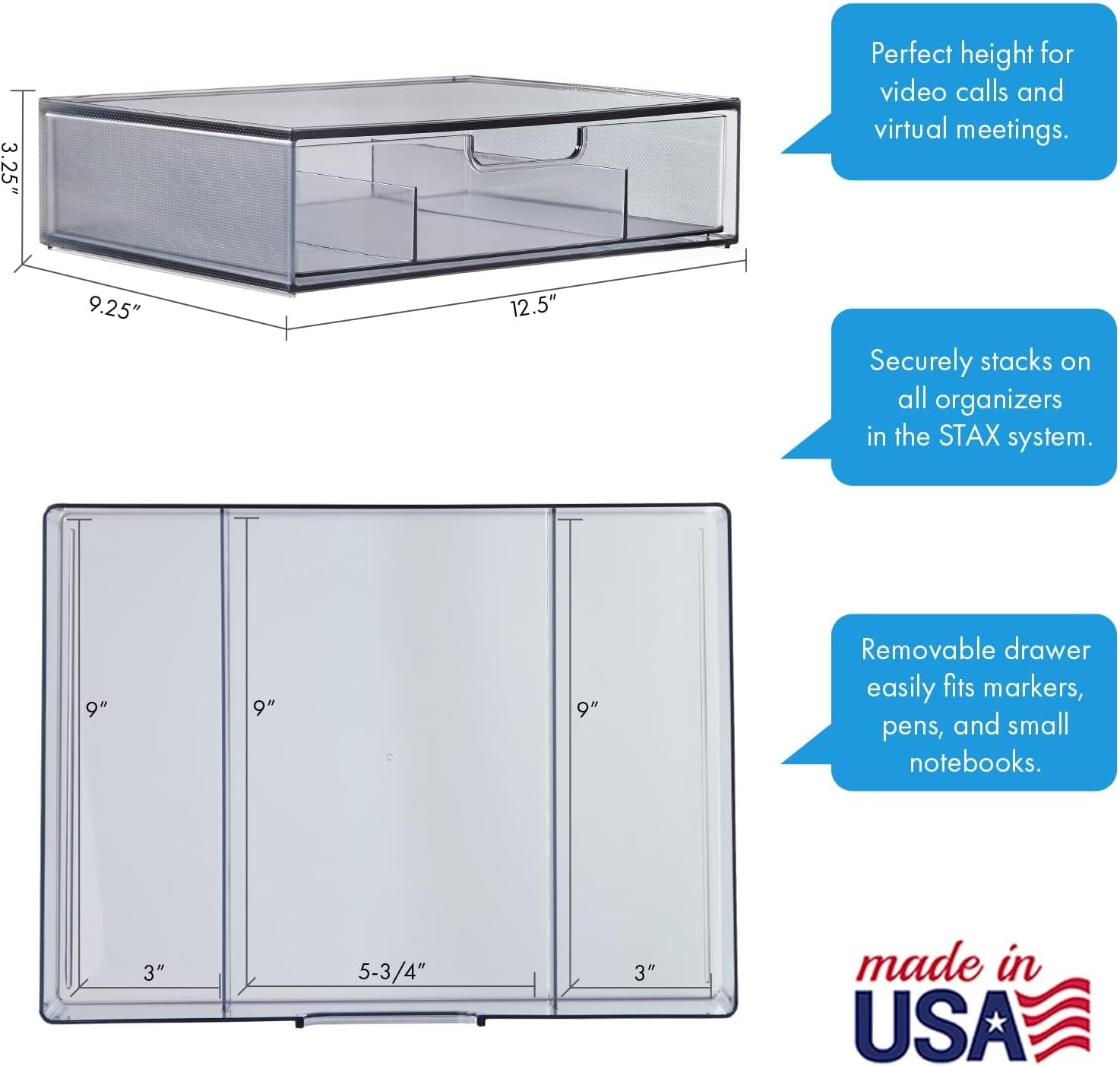 STORi STAX Plastic Stackable Divided 3-Compartment Organizer Drawer in Classic Grey | 12.5-inches Wide | Organize Office Desk Accessories and Sort Letter-Size Paper | Made in USA