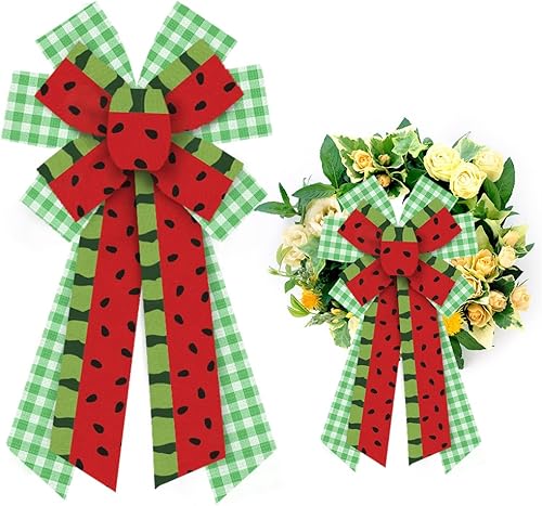 Arcos grandes de corona de verano, sandía, verde y blanco, lazos de arpillera a cuadros para corona, frutas de verano, melón, lazos para decoración