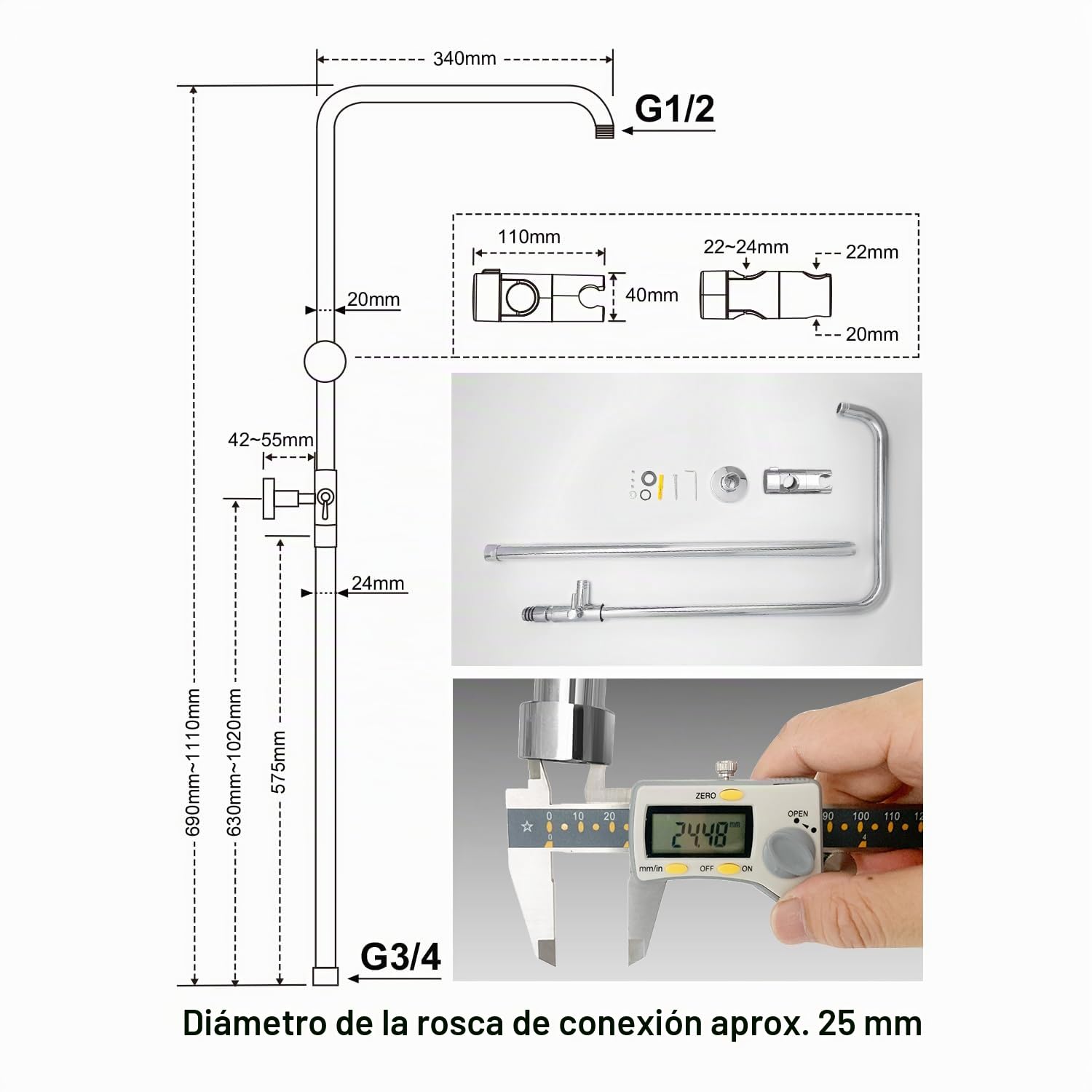 JOHO Barra de ducha de acero inoxidable con fijaciones de pared variables, Barra de pared para ducha de lluvia, Columna de ducha Reuglable 69-111 cm con Soporte de Alcachofa, Cromo