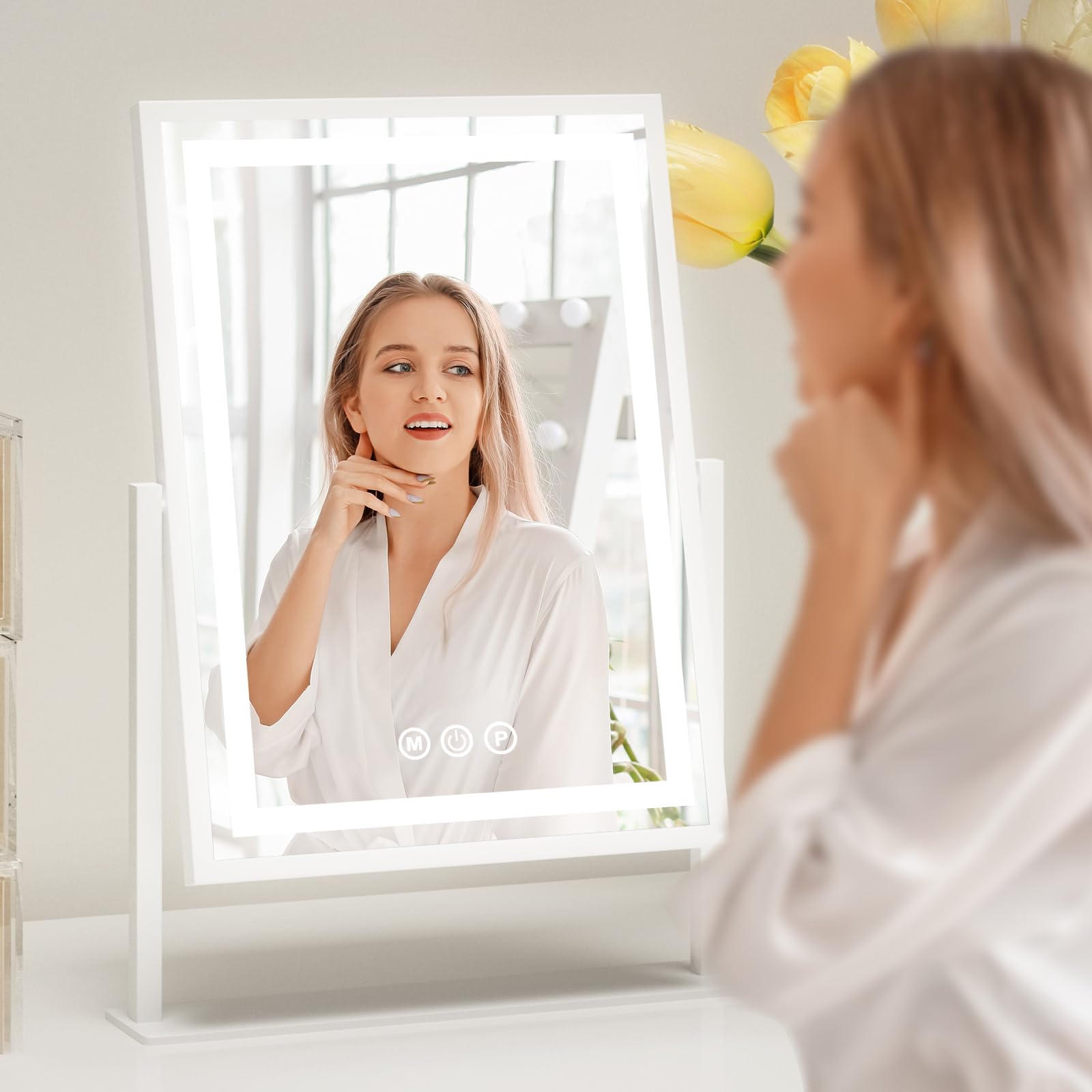 Makeup Mirror with Lighting, Hollywood-Spiegel, 3 Farbtemperaturen, einstellbare Beleuchtung, 360° drehbar, Smart-Touch-Bedienung, Abnehmbarer 10-Fach Vergrößerungsspiegel, 30 x 40 cm