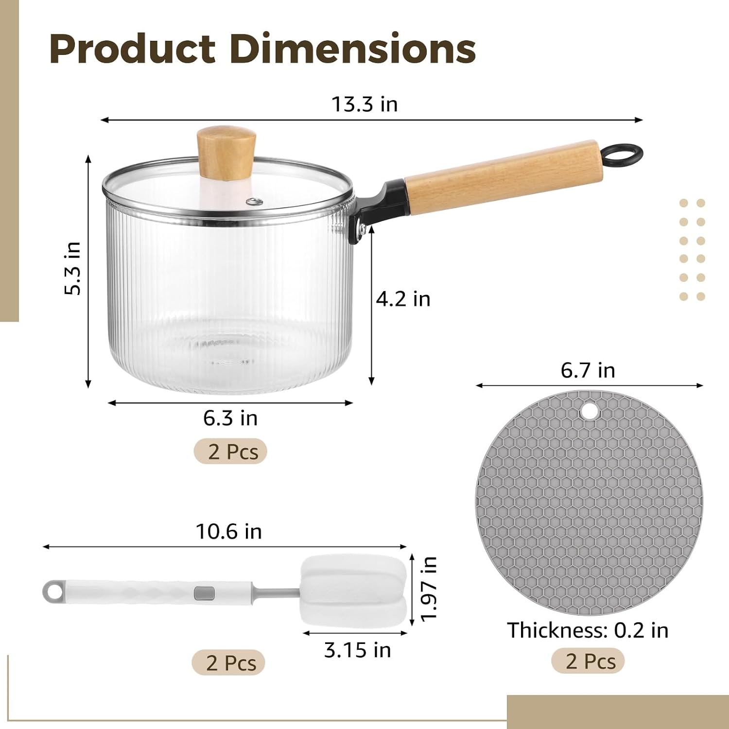 2 Pcs Glass Saucepan Set, High Borosilicate Heat Resistant Transparent Clear Cookware with Wooden Anti-Scald Handle, Wood Lid Knob, Open Flame Stovetop Stew Pot for Soup, Noodles, Hot Pot