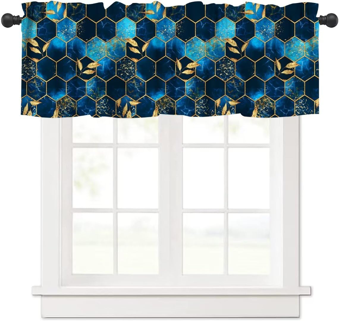 Sky Blue Honeycomb Marble Window Valance Curtain, Abstract Green Marble Hexagon Texture Golden Leaves Window Treatment Valances for Kitchen Living Room Café Décor 54'x18', 1 Panel