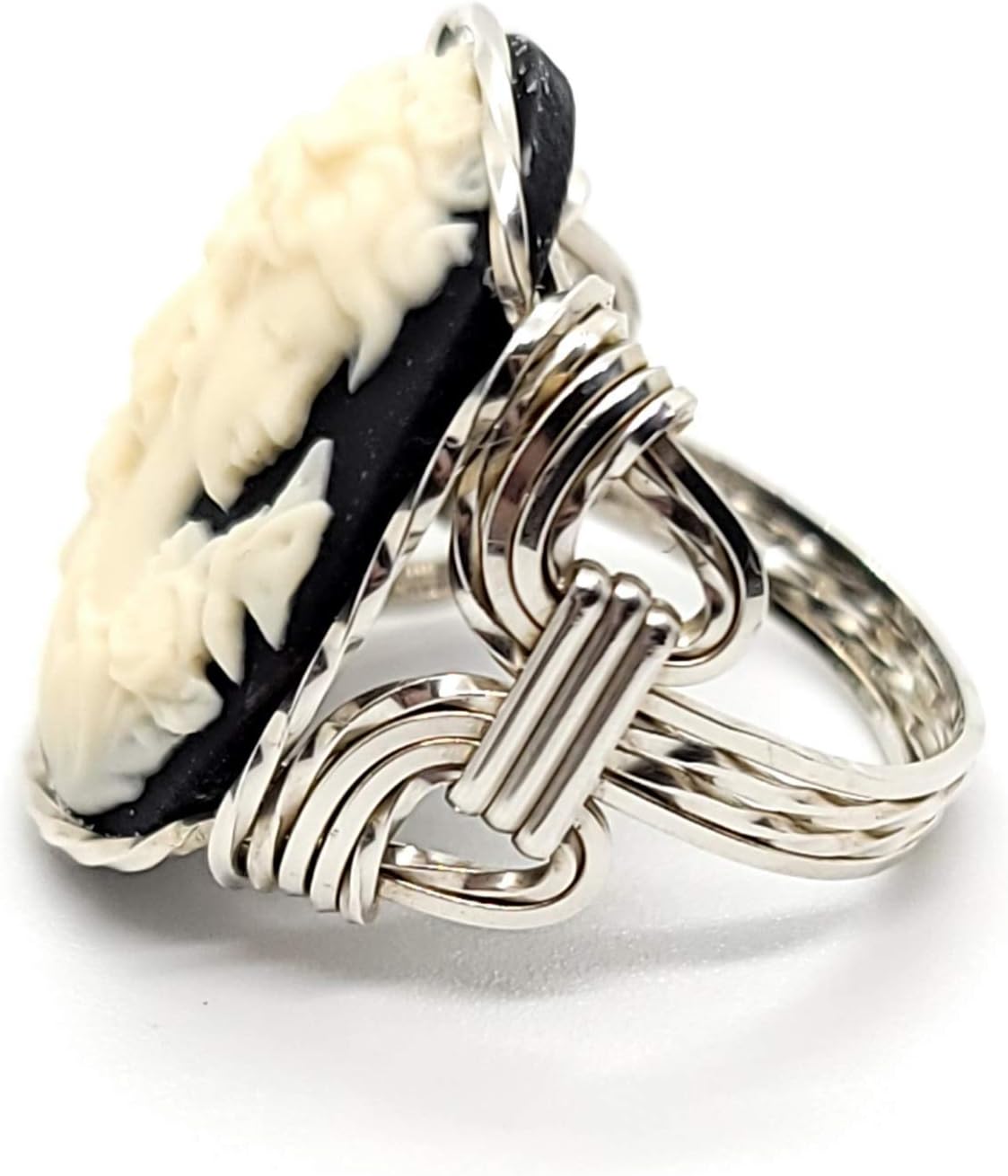 Grecian Goddess Butterfly Large Black Resin Cameo .925 Sterling Silver Ring