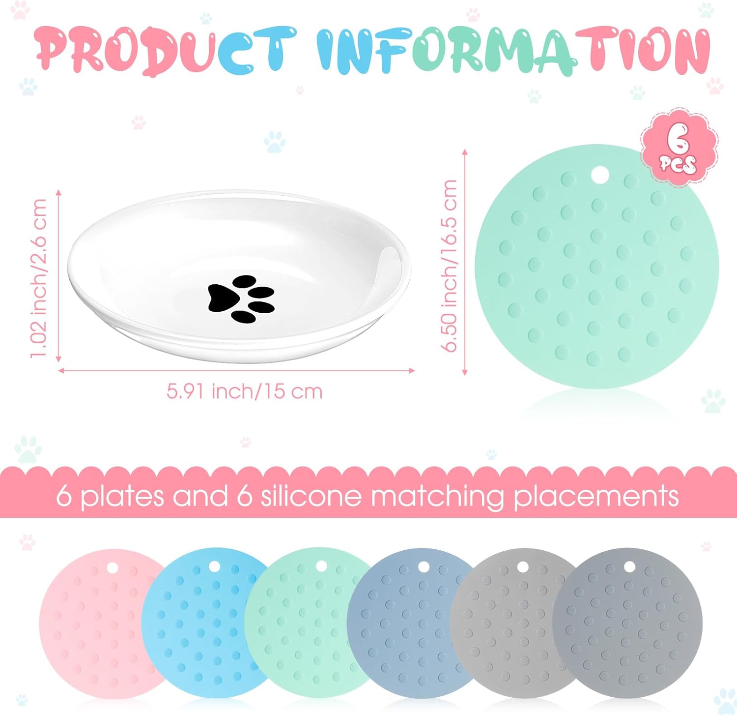 Thenshop 6 Pcs Anti Beard Fatigue Cat Bowls with 6 Pcs Silicone Anti Slip Mats, 6 Inch Ceramic Cat Eating Plate, Wet Food Bowl, Wide Shallow Food Dish for Feeding Kitten Small Pet Water (Paw)
