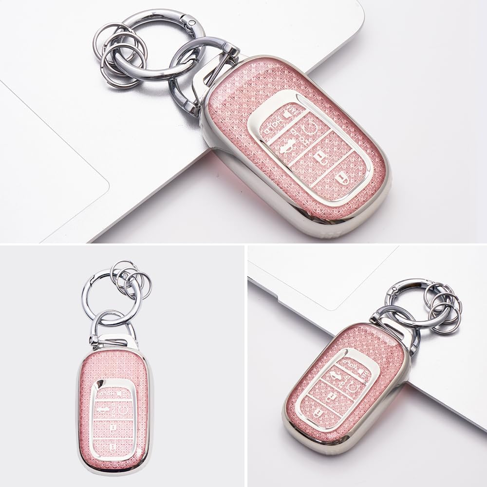 Key Fob Cover Case Shell Keychain for Honda Accord Civic CRV CR-V HRV HR-V Pilot 2022 2023 2024 2025 Sport SI EX EX-L Touring Accessories Accessory Girly Women, 5 Button, Silver Pink, TPU