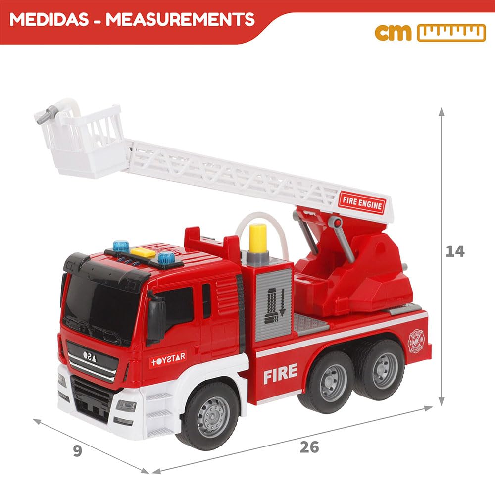 ColorBaby Speed & Go Camión Bomberos Juguete, con Luces y Sonidos, Grúa y Manguera interactivas, Agua de Verdad, Sistema de fricción, Escala 1:14, Rescate, para niños a Partir de 3 años (39063)