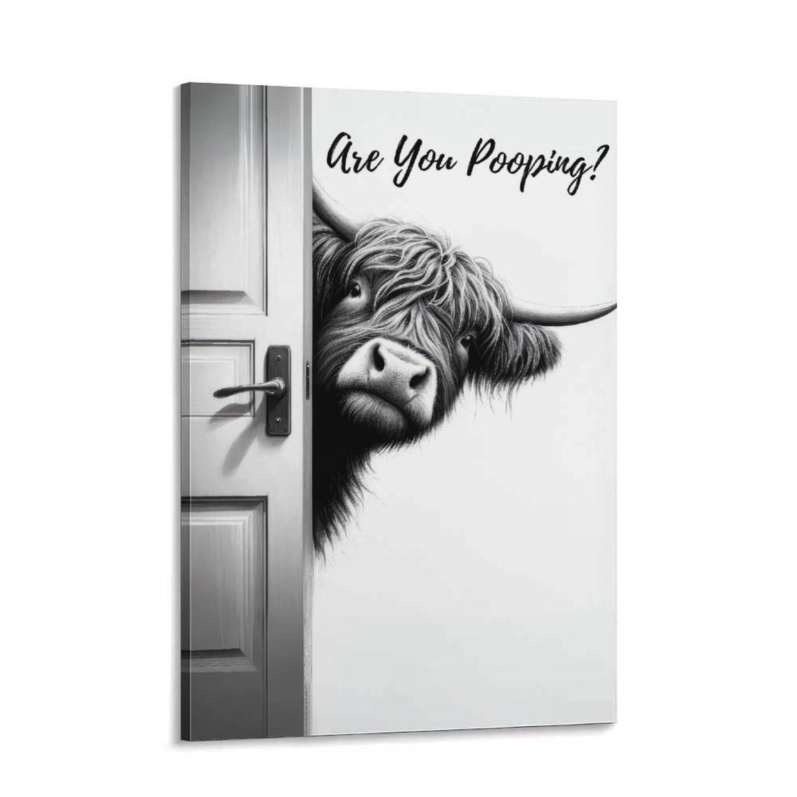 Luihg Frame-Style Funny Animal Bathroom Poster Art Print Are You Pooping Cute Highland Cow Black And White Vintage Country Bathroom Western Wall Art Decor For Toilet Bedroom Living Room Retro Animal Aesthetic Wall Deco