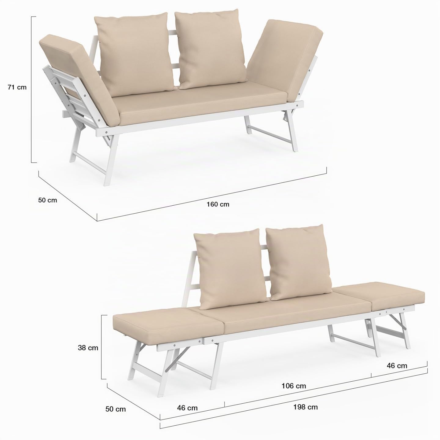 IDMarket - Sofá de jardín, asiento convertible NOLA 2/3 plazas con reposabrazos reclinables de metal blanco y cojines beige