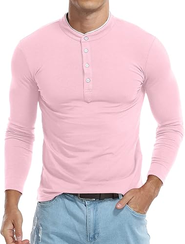Miniatura 3 de KUYIGO Camisas polo casuales de manga larga para hombre, cuello mandarín, ajuste delgado, tops de algodón a la moda