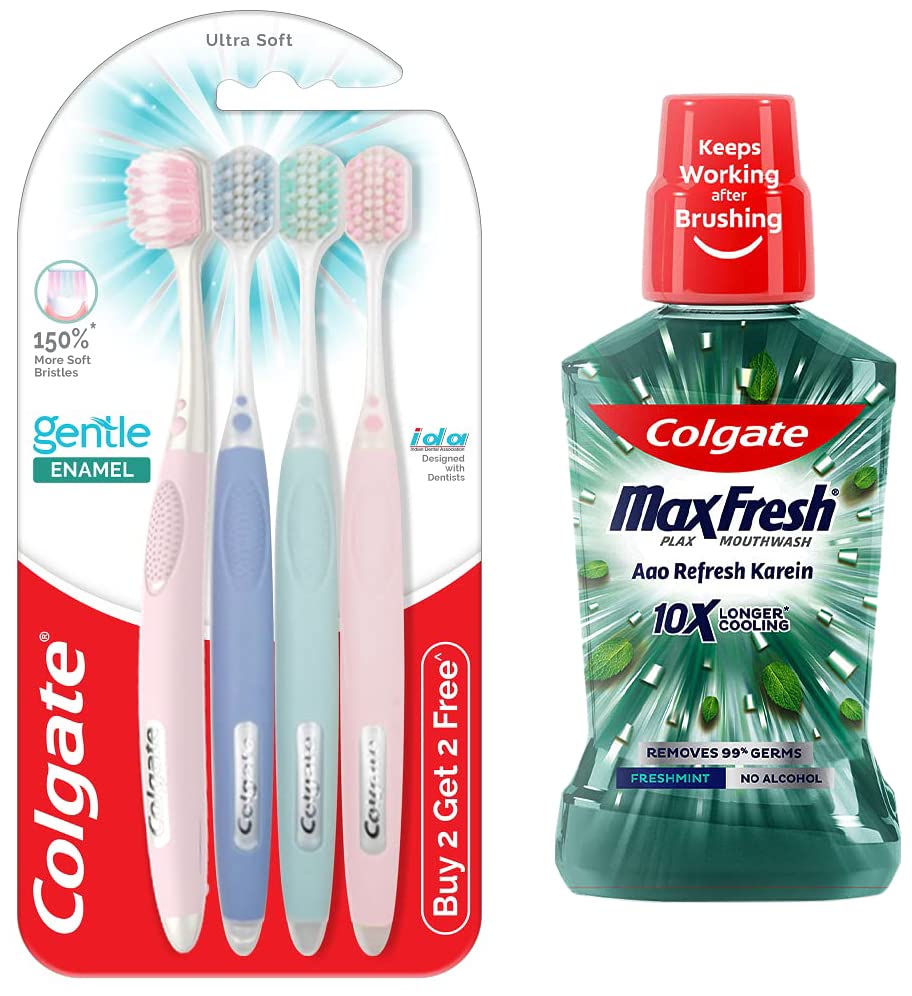 Colgate Gentle Enamel Ultra Soft Bristles Manual Toothbrush For Adults, 4 Pcs & Plax Antibacterial Mouthwash, 24/7 Fresh Breath - 250Ml, (Fresh Mint)-image-28
