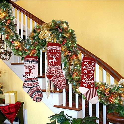 ELOKI 3 Pcs Knit Christmas Stockings, 18" Snowflake and elk Stockings, Personalized Stocking Decorations for New Year gift Candy Bag and Christmas tree Decorations