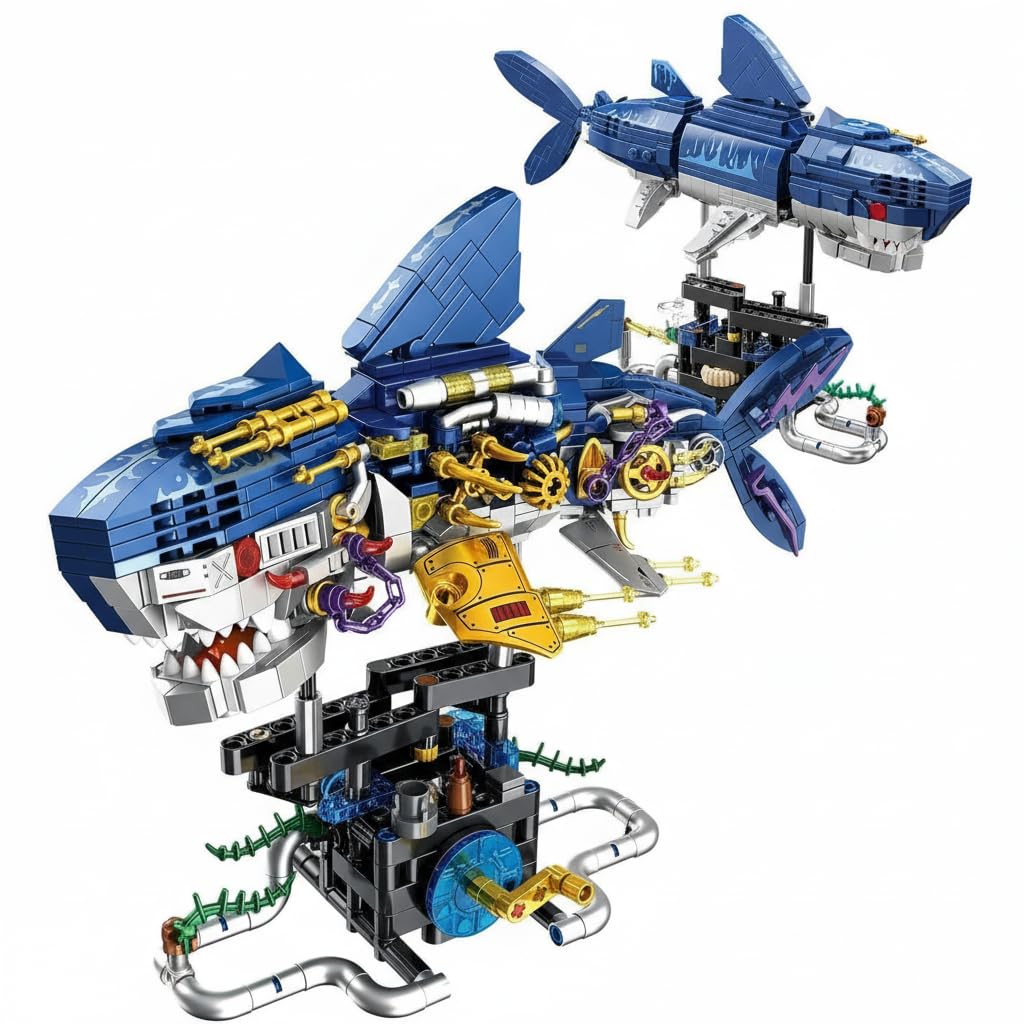 SKY LINE OCEAN Mechanical Shark Building Set 699PCS, Rotatable STEM Sea Animal Toy with Display Stand, Half-Mechanical Design Creative Birthday Gift for Boys & Adults | 6 Months Structural Warranty-image-22