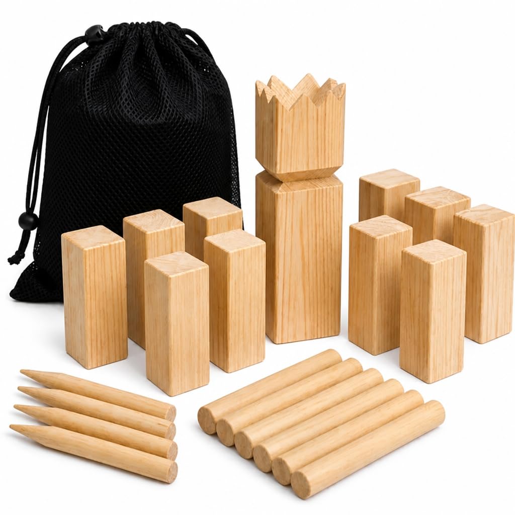 Jeu de Kubb Viking en Bois – 21 pièces – Jeu d’adresse d’extérieur pour Jardin – 2 à 12 Joueurs – Filet de Rangement Inclus