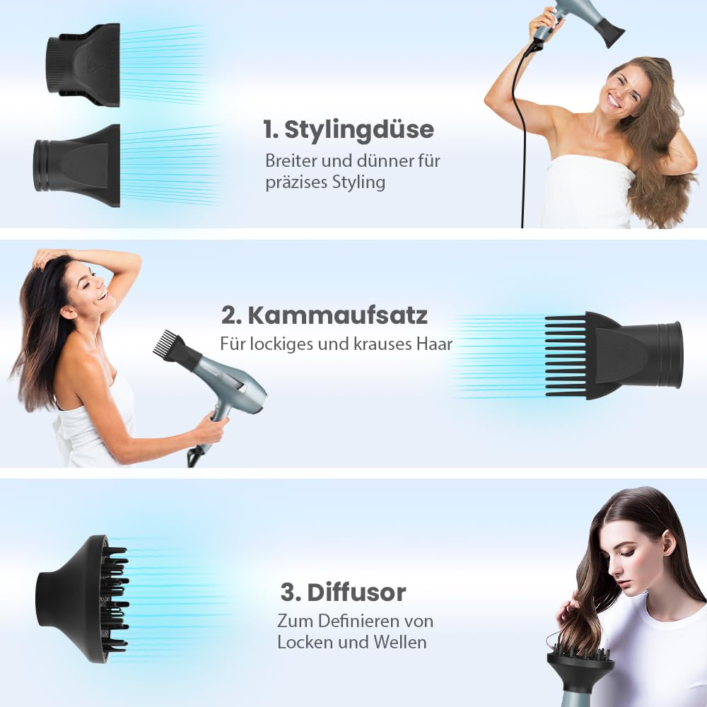 Profi Föhn Ionen Fön Haartrockner Hair Dryer Haarföhn mit 1 Diffusor 2 Stylingdüse, 3 Heiz und 2 Geschwindigkeitsstufen, 1.9 Meter langes Netzkabel, Starker Fön für Familie (blau) (Hellblau)