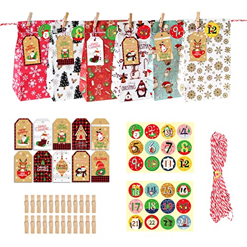 Calendario de Adviento de Navidad, 24 días, calendario de cuenta regresiva, bolsas de papel para dulces y Navidad, decoraciones de bricolaje Cover