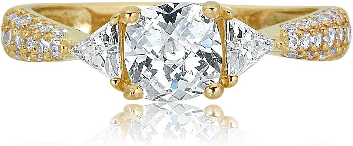 AVORA 10K Yellow Gold 0.75 Carat Princess-shape Simulated Diamond CZ Three Stone Engagement Wedding Anniversary Ring