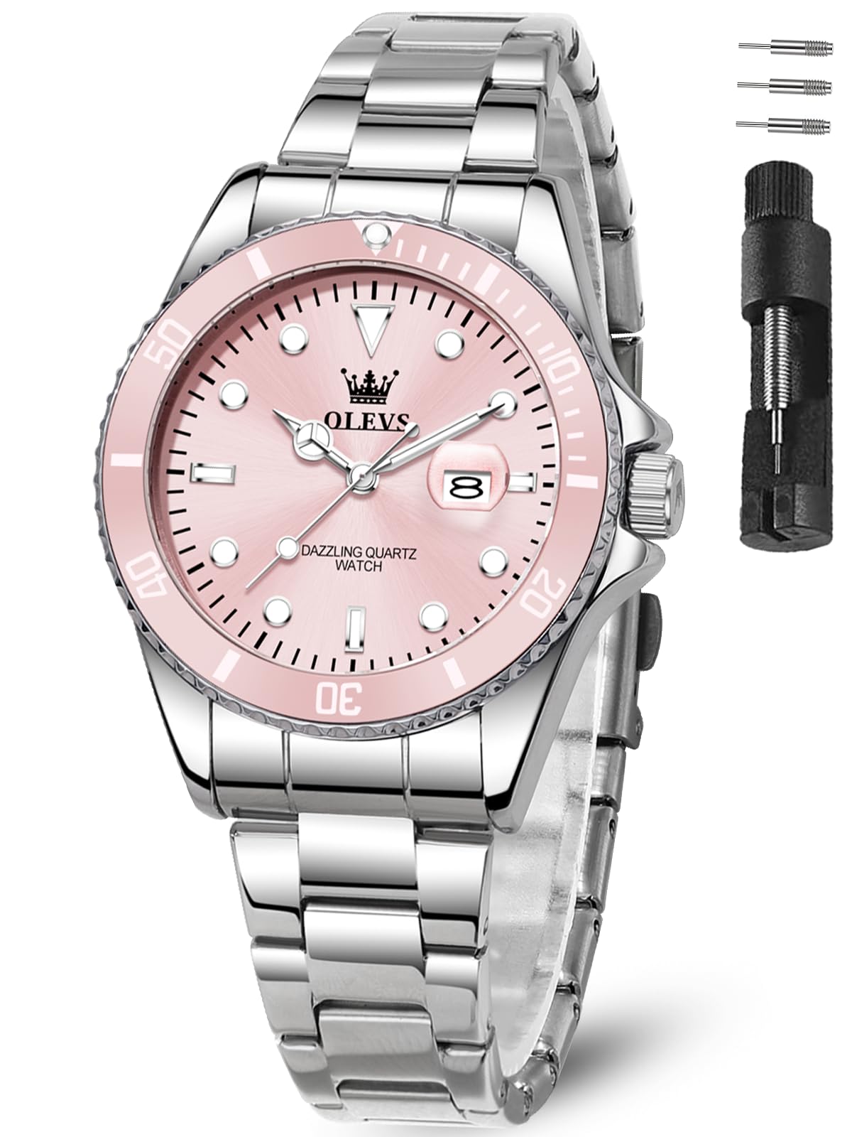 OLEVS Damen Armbanduhr Analog Quarz Wasserdicht Klassische Damenuhr Sliber Edelstahlarmband mit Datum Diamant Schlankes Design Geeignet für schmale Handgelenke