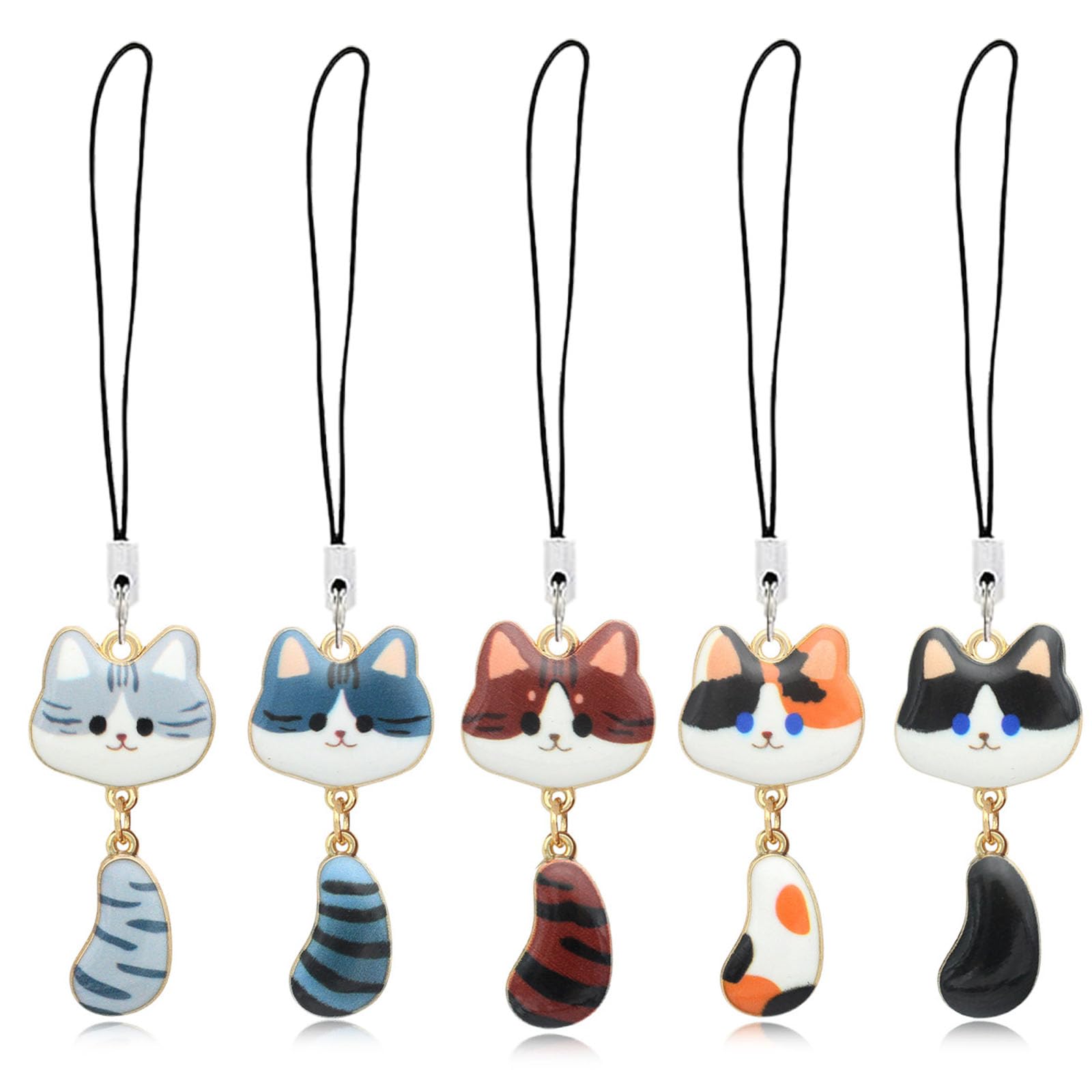 5Pcs Phone Charm, Cute Cat Bag Charms for Handbags, Anime Accessories for Phone Case, Mobile Charms for Girls, Personalized Gifts for Women, Grey+Blue+Yellow+Spotted+Black-White-image-21