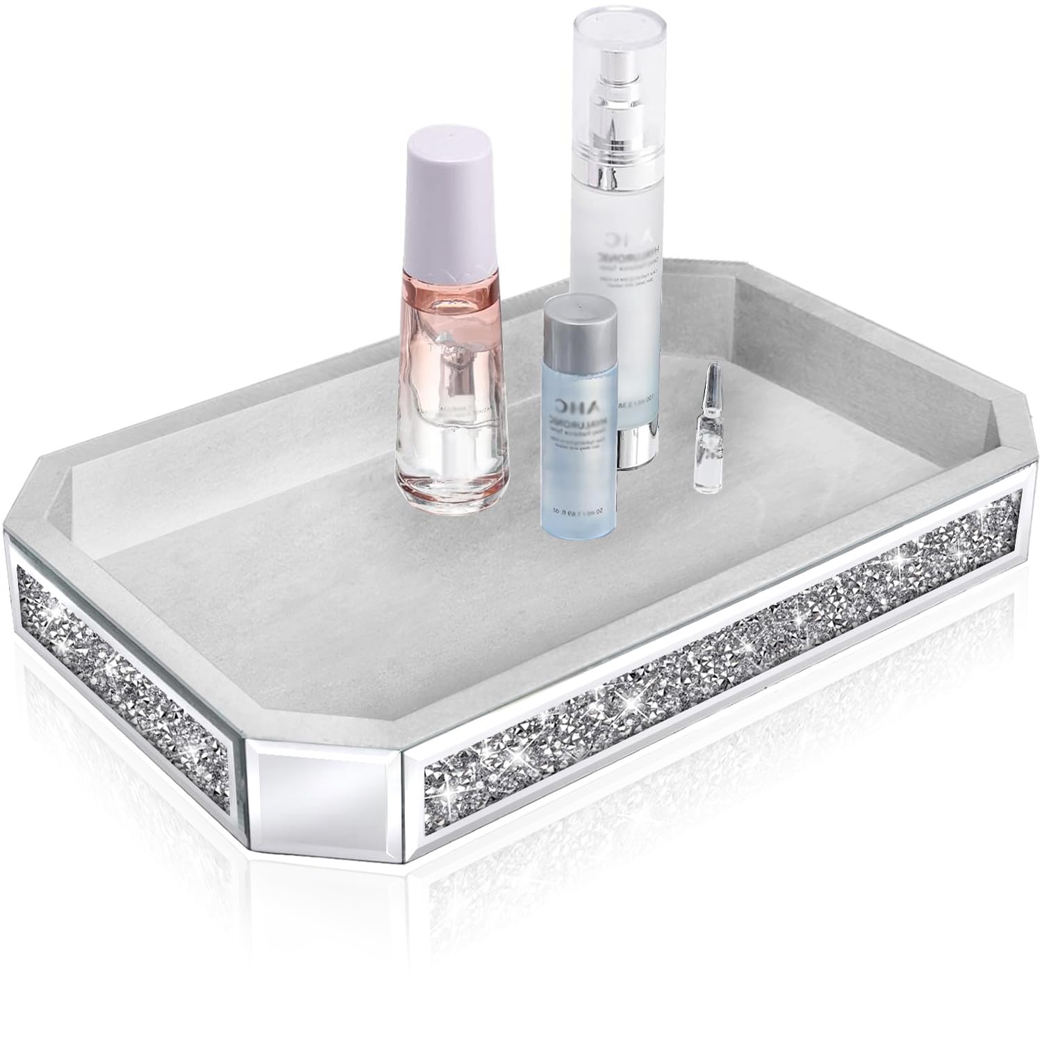 Wocred Mirror Perfume Tray fits Dresser Bedroom,Crushed Diamond Bathroom Box, Vanity Tray,Decorative Serving Tray for Coffee Table Decor(15”x 10”x 2”)