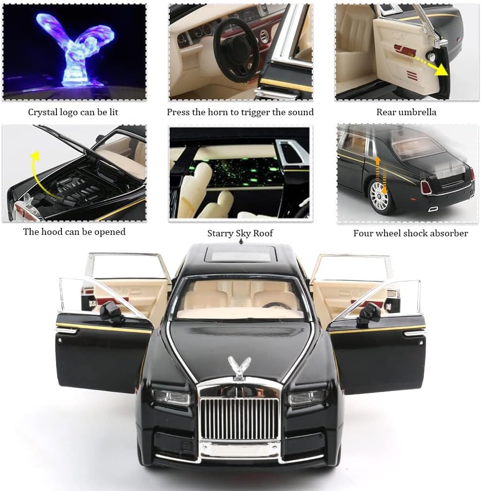 Image of Exclusive Alloy Metal Pull Back Die-Cast Car Diecast Metal Pullback Toy Car with Openable 6 Doors,Light Music Boys Gifts Toys (1:24 Rolls-Royce Phantom(Black-Black))