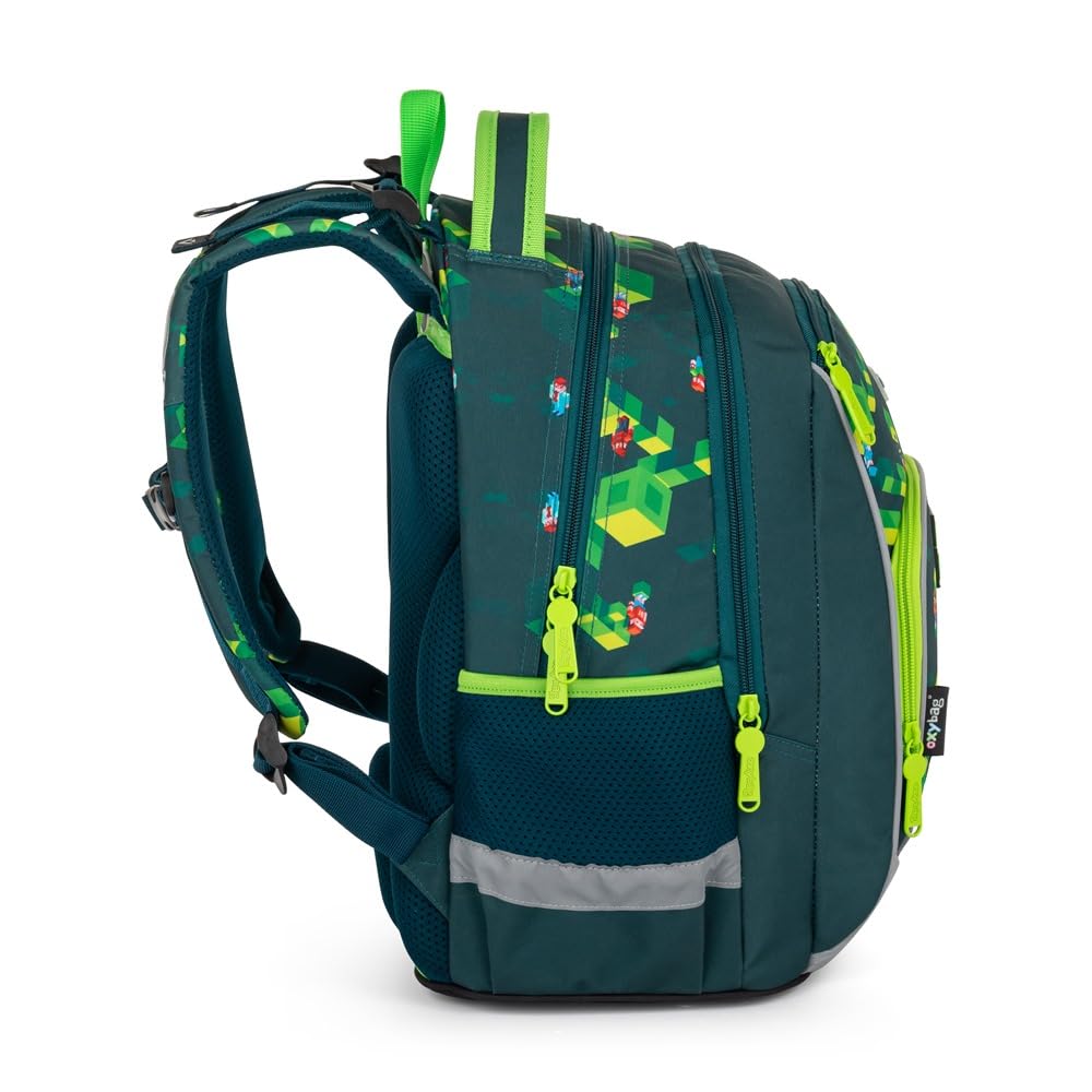 OXY GO - Mochila escolar (3 piezas, para 1 a 3ª clase: mochila ergonómica, estuche y bolsa de gimnasia), con elementos reflectantes para mayor seguridad, ideal para niños, Mundo del juego