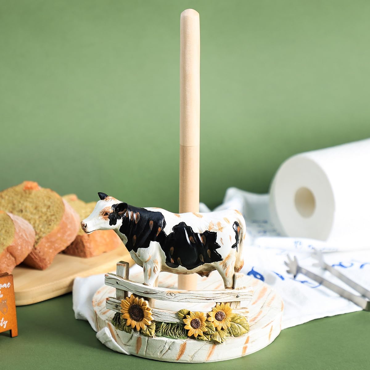 Sizikato Paper Towel Holder for Kitchen, Retro Style Cow Kitchen Roll Holder Paper Towel Holder, Countertop Roll Dispenser with Weighted Resin Base