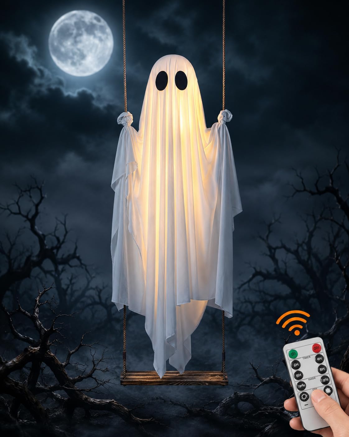 Swinging Ghost Halloween Decorations Outdoor Decor Animatronics Tree Size Lighted Swing with Glowing Pumpkin Horror Features a Large with Bat 5 Ft Hanging Swin Ceiling with Chilling (1)
