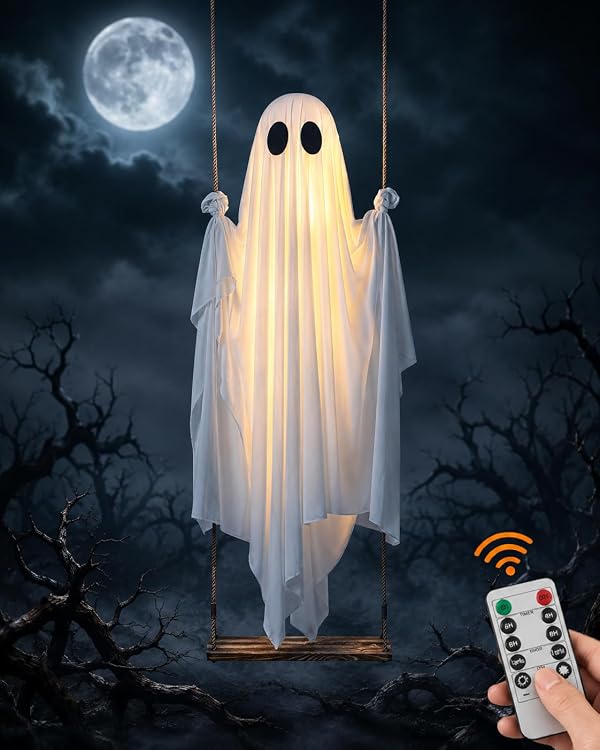 XWLYCNO Swinging Ghost Halloween Decorations Outdoor Decor Animatronics Tree Size Lighted Swing with Glowing Pumpkin Horror Features a Large with Bat 5 Ft Hanging Swin Ceiling with Chilling (1) by XWLYCNO - Used condition - US$56.04