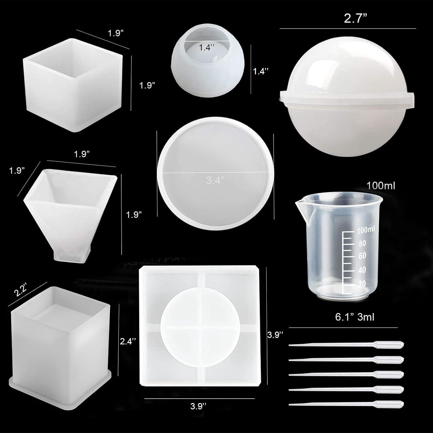 13Pcs Silicone Resin Molds Kit, Resin Casting Molds Including Sphere, Cube, Pyramid, Round, Ashtray, Flower Pot, Pen Holder with 1 Measuring Cup & 5 Plastic Transfer Pipettes