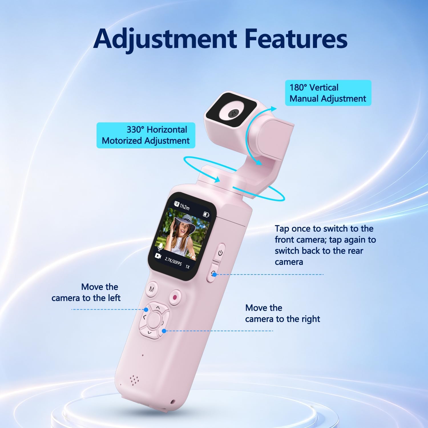 4K Vlogging Camera with 330° Rotating Lens & Face Tracking, Portable Pocket Digital Camera for YouTube TikTok with WiFi, Includes 16GB Card, Tripod & Carrying Bag, Pink