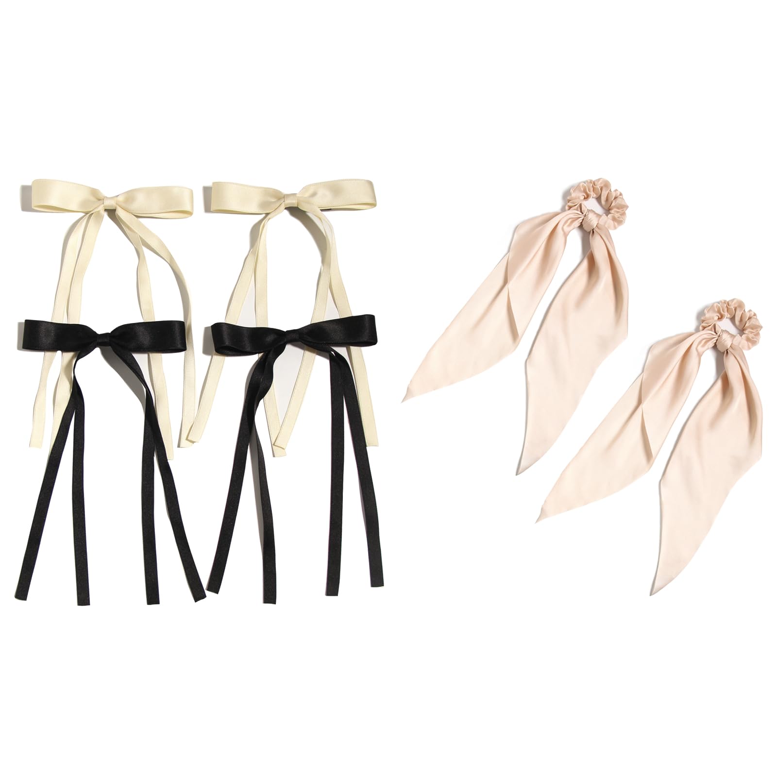 LFOUVRE 4pcs Ribbon Hair Bows for Women and 2pcs Hair Scarf Scrunchies