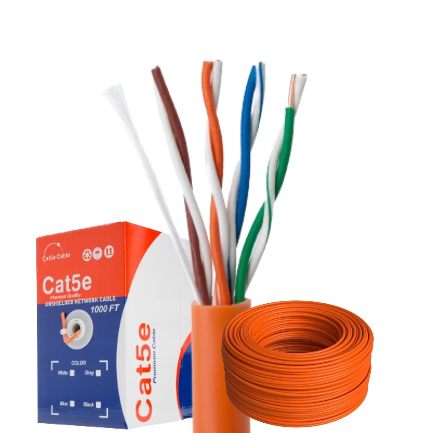 SATMAXIMUM Cat5e Ethernet Cable 500ft or 1000ft Bulk, 24AWG Solid CCA, 4-Pair UTP, Pull Box, Copper Clad Aluminum (1, Orange, 1000FT)