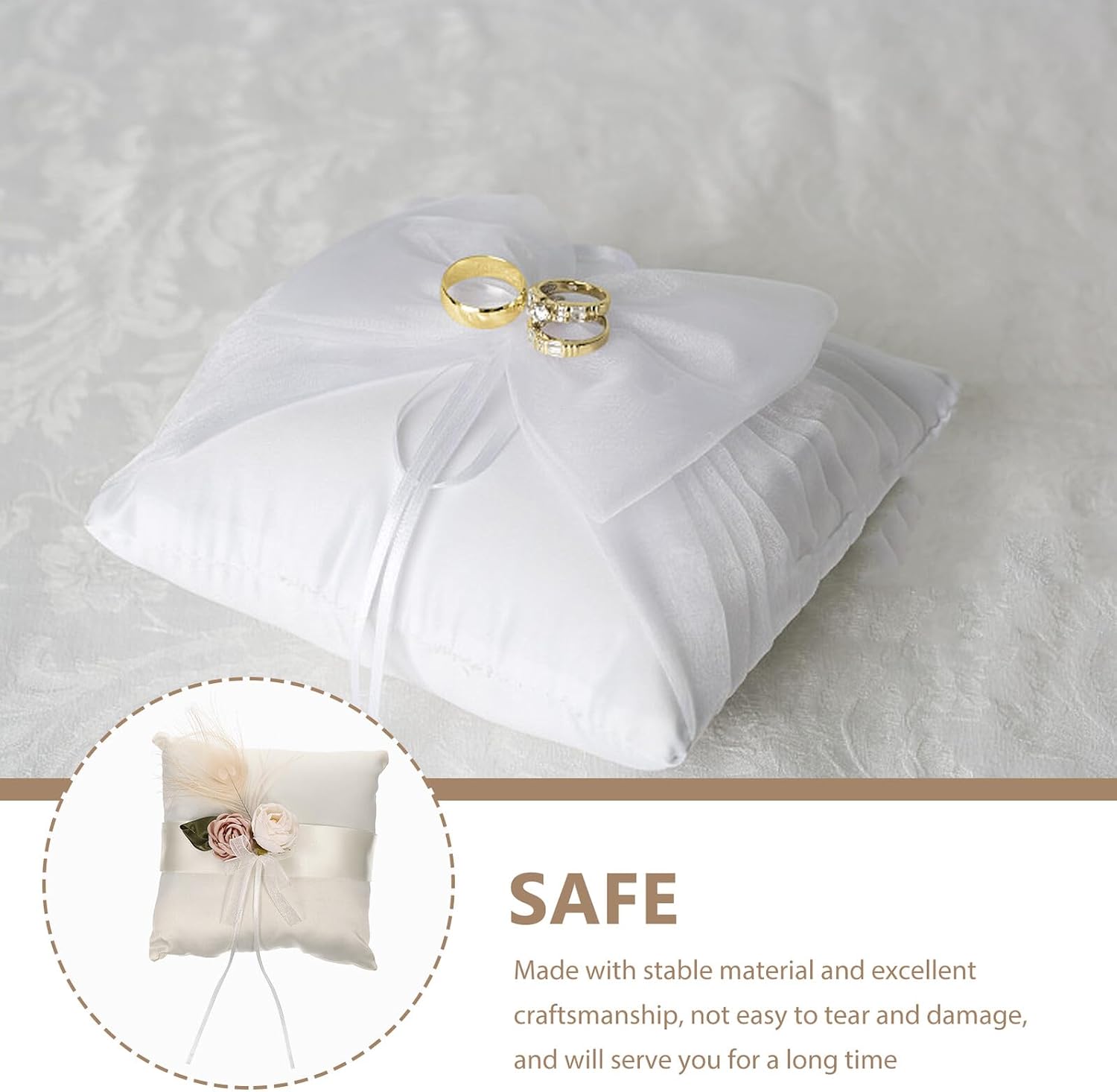 Homoyoyo Wedding Ring Pillow Satin Flower Cushion Lace Bow Ring Bearer Pillow for Wedding Ceremony and Party Decoration