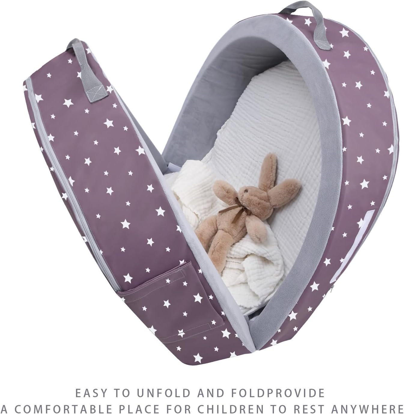 Mooedcoe Portable Foldable Toddler Travel Bed with Sides, Folding Toddler Bed for Travel Kid Foam Sleeping Cot for Children 18M – 5yr Old (Round, Star)
