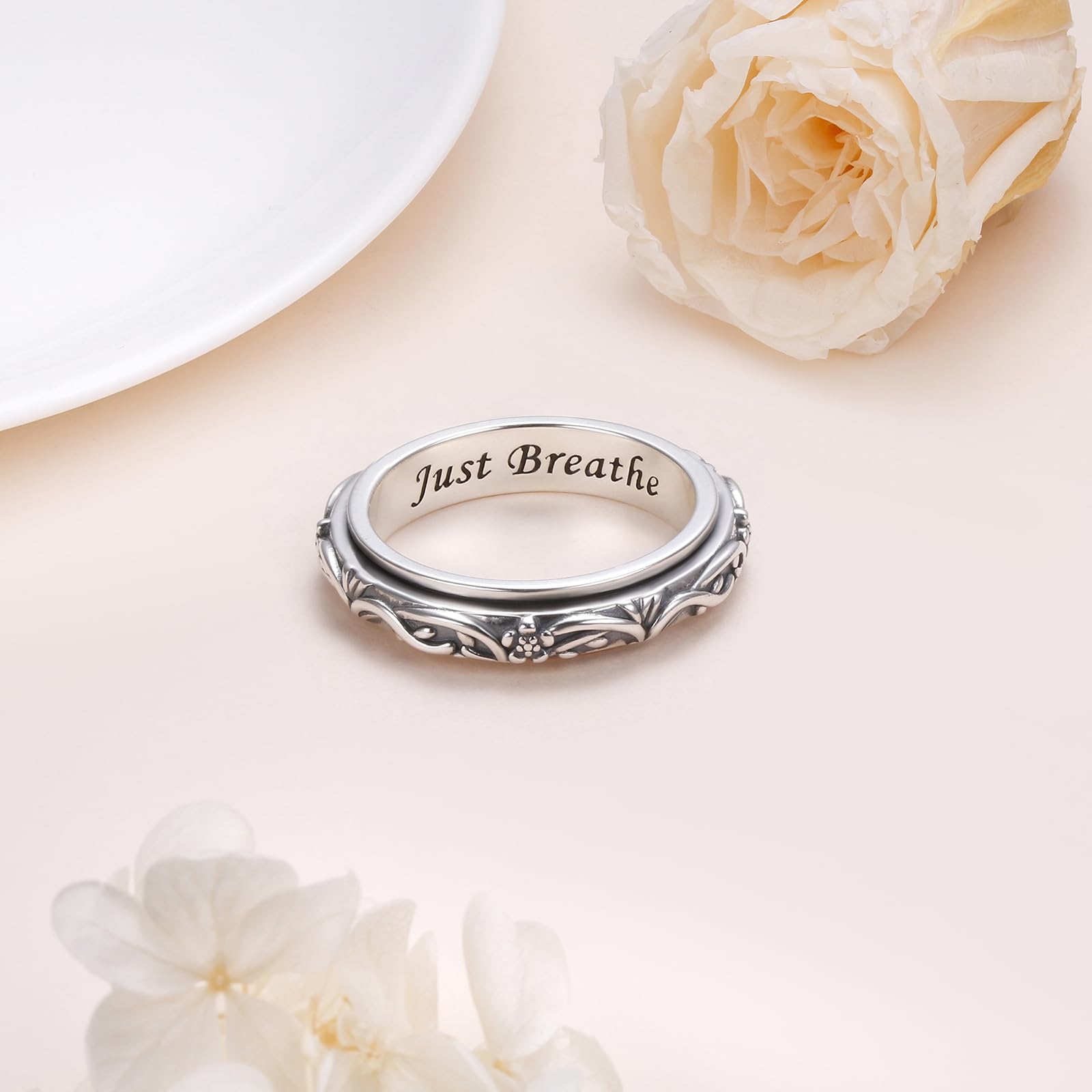 DAOCHONG Baum des Lebens Drehring 925 Sterlingsilber Blumen Fidget Ringe gegen Angst Stressabbau ADHS Autismus Ringe Schmuck Geschenk für Frauen
