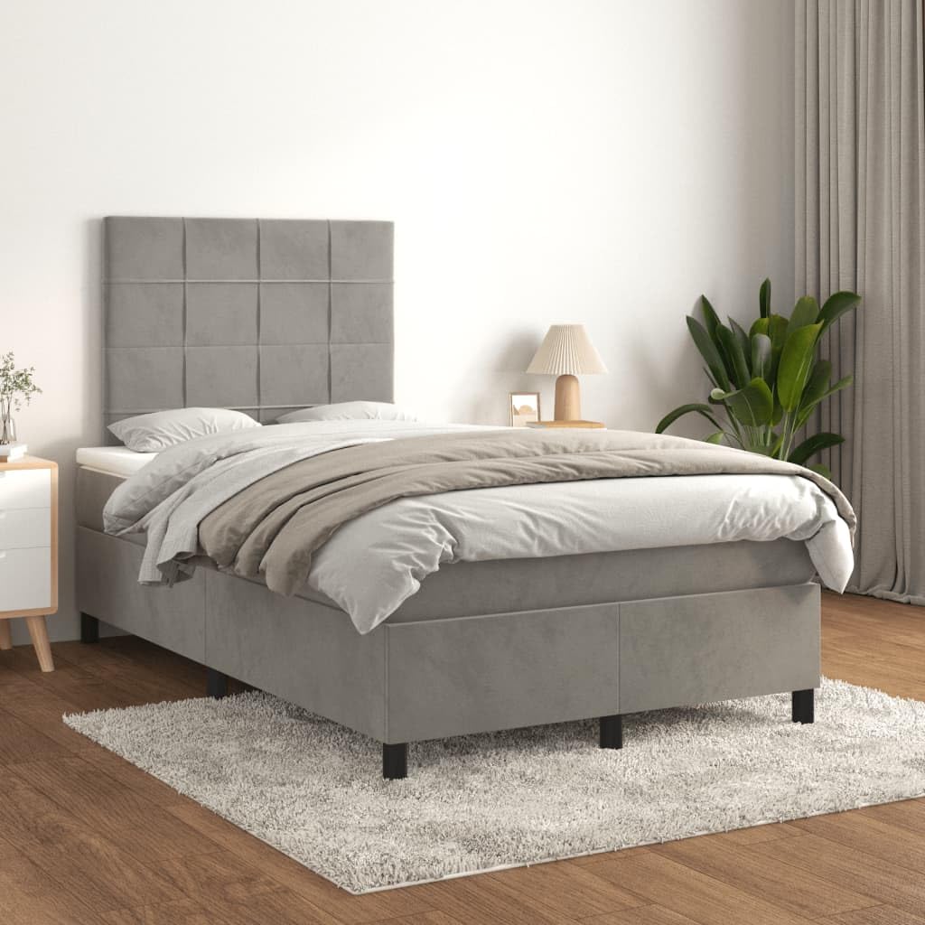 Łóżko kontynentalne z materacem, jasnoszare, 120 x 190 cm, aksamitny materiał, łóżko tapicerowane z regulowanym zagłówkiem, materac ze sprężynami kieszeniowymi do sypialni, komfort