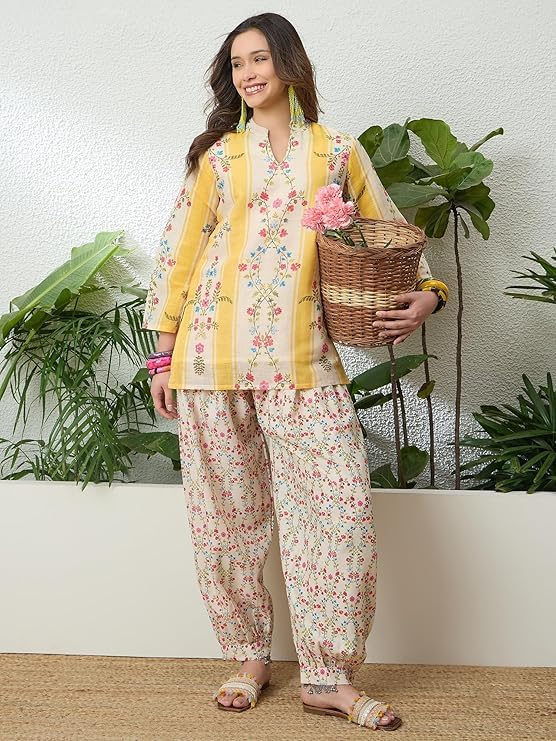 Image of EthnicJunction Women's Linen Floral Print Summer Wear Straight Short Kurti with Afghani Pant Set | Co Ord Set for Women Stylish | Fusion wear Women