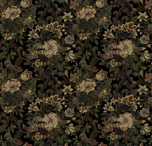 Dimoon 17.3"x78.7" Dark Wallpaper Peel and Stick Moody Vintage Victorian Floral Contact Paper Green Gothic Wallpaper for Bedroom Flower Leaf Yellow Renter Friendly Wall Paper Removable Vinyl Roll
