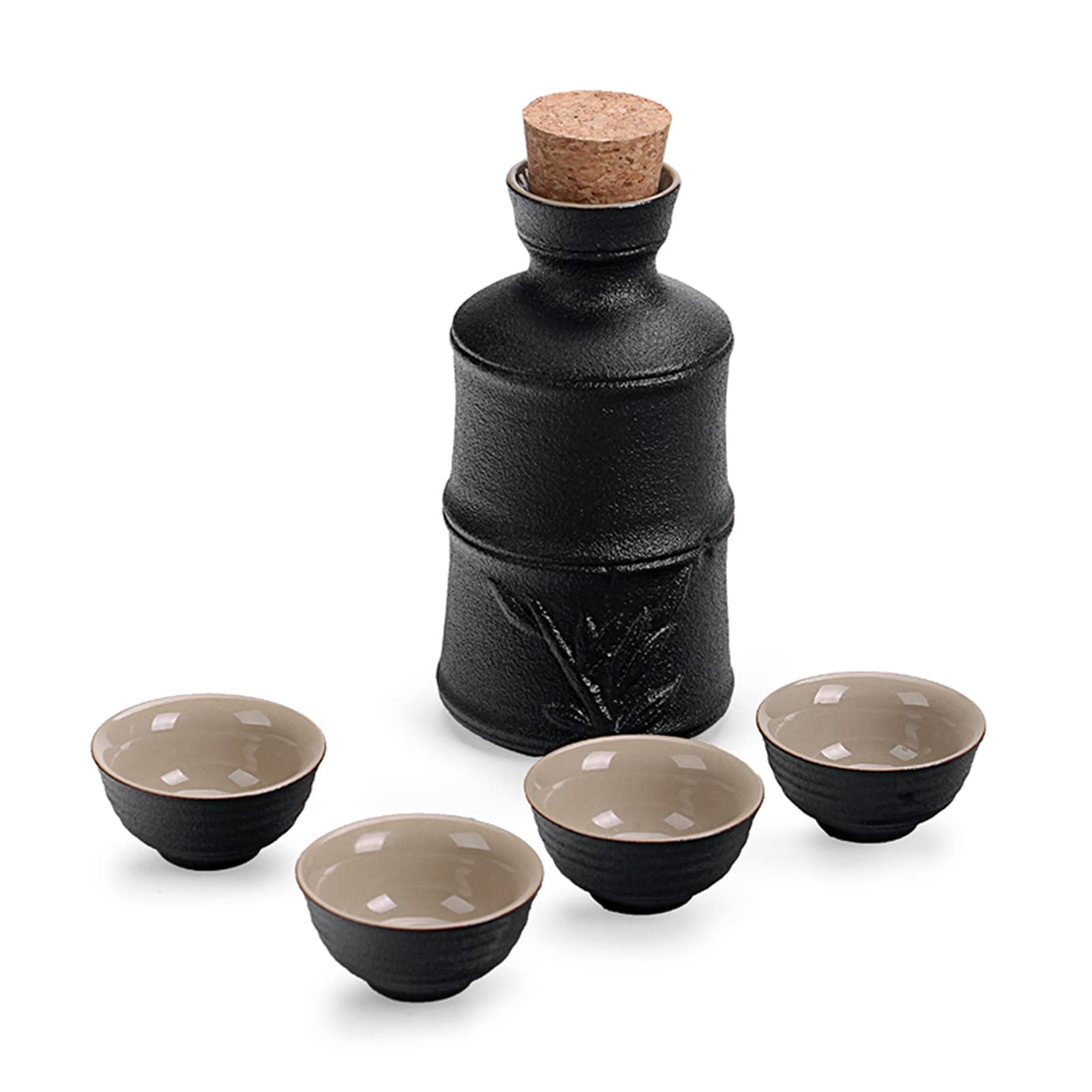 Juego de sake de cerámica negra BOVDEA con 4 tazas y botella de 420 ml de estilo retro