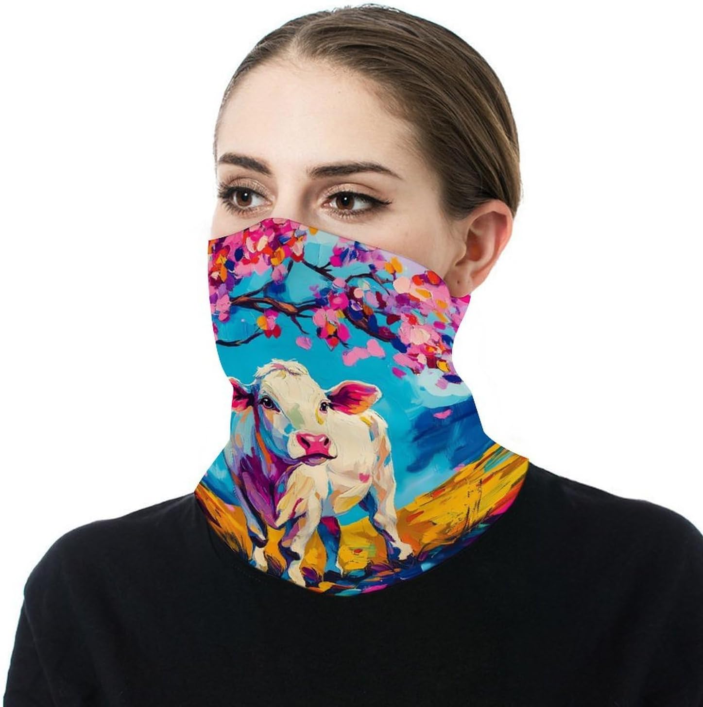 Cow And Flower Face Cover Neck Gaiters for Men Women Sun Protection Mask Scarf Hiking Bandana