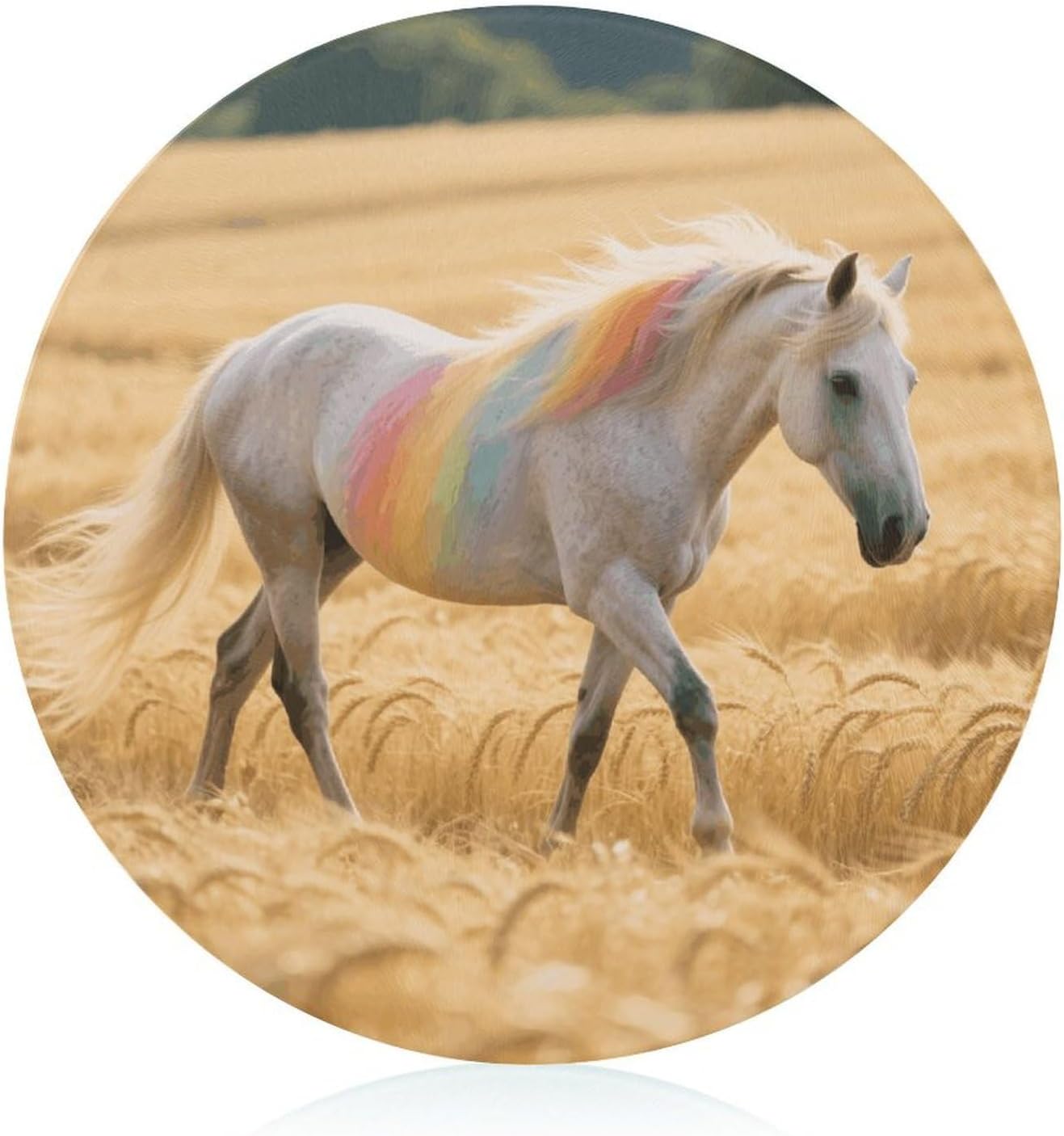 Rainbow Horse Cutting Board Portable Small Chopping Boards Tempered Glass Kitchen Counter Protector Non-Slip Round Charcuterie Boards Mat for Bar Cheese Board