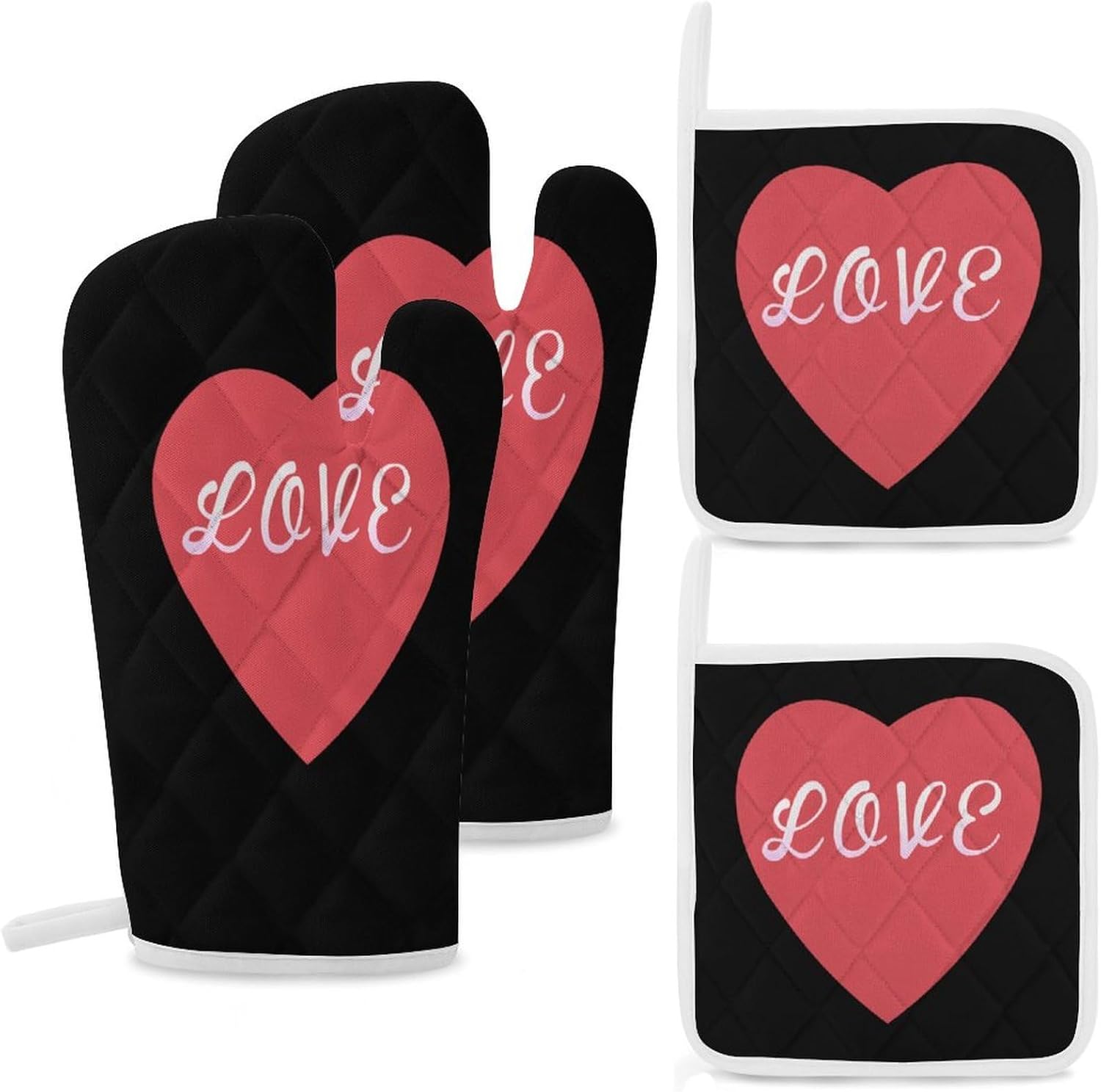 Love Heart Valentine's Day Oven Mitts and Pot Holders 4Pcs Set Heat Resistant Cooking Mitts Hot Pads