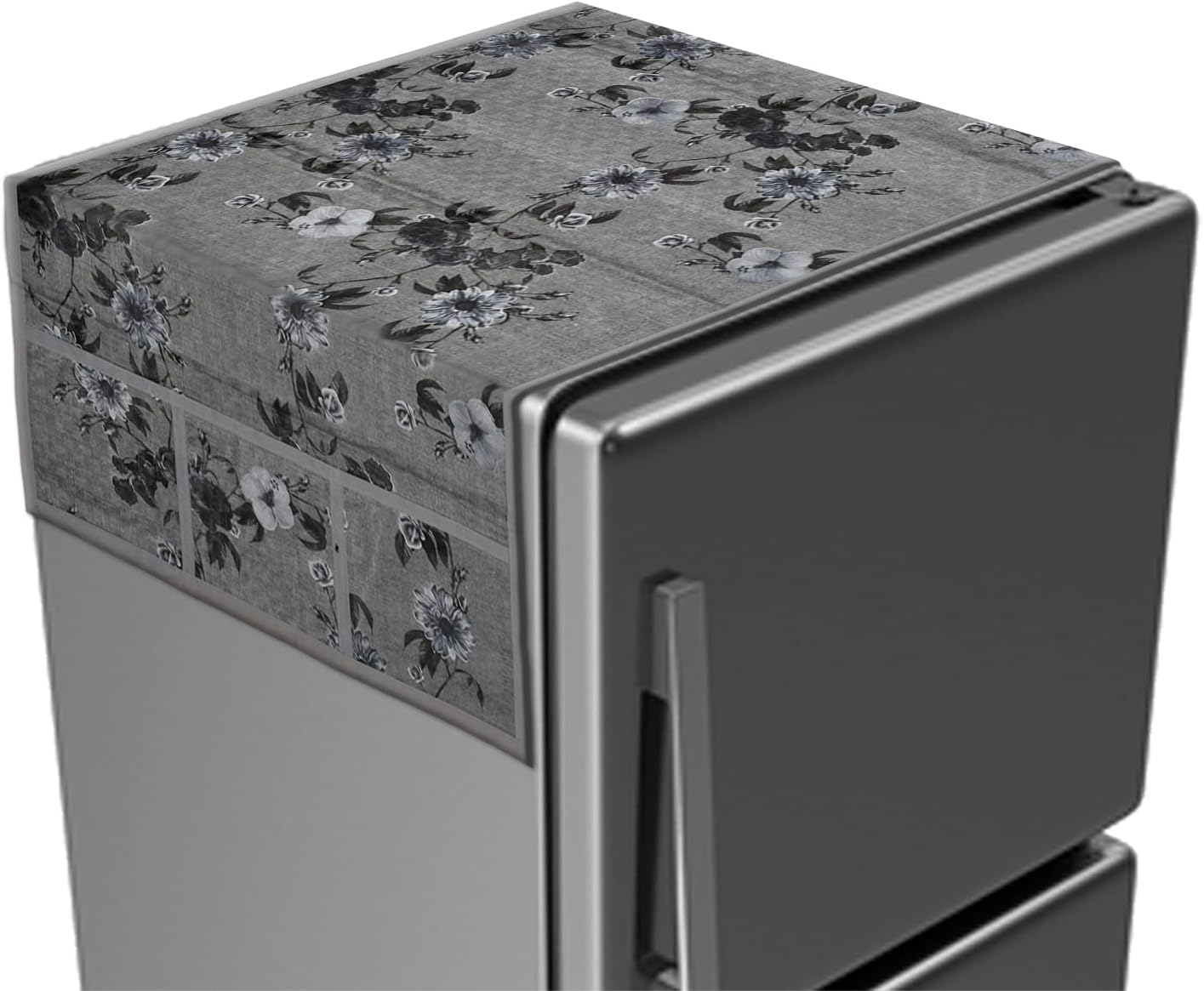 Kuber Industries Metallic Flower Print PVC Fridge Top Cover with 6 Utility Side Pockets (Grey)