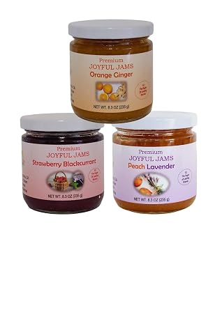Premium Jam Trio Variety Pack of 3 Delicious Flavor Blends - Strawberry BlackCurrant, Orange Ginger, and Peach Lavender Jam with 70 Percent Fruit and Less Sugar Than Most Brands - Amazing Flavor. Spreadable. Wonderful Gift!