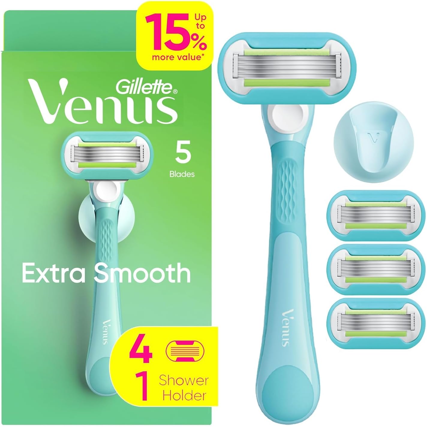 Gillette Venus Extra Smooth Razor for Women, Includes 1 Reusable Razor Handle + 4 Refills, 5-Bladed, Ergonomic No-Slip Gel Handle and Shower Holder