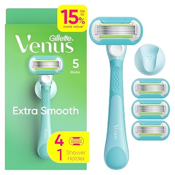 Gillette Venus Extra Smooth Razor for Women, Includes 1 Reusable Razor Handle + 4 Refills, 5-Bladed, Ergonomic No-Slip Gel Handle and Shower Holder